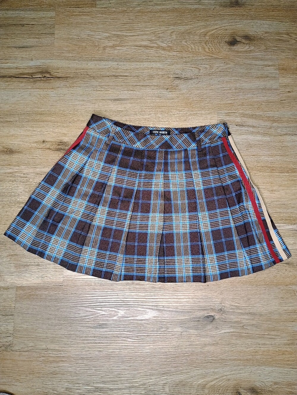 Steve Madden Brown & Blue Plaid Pleated Mini Skirt with Red Trim